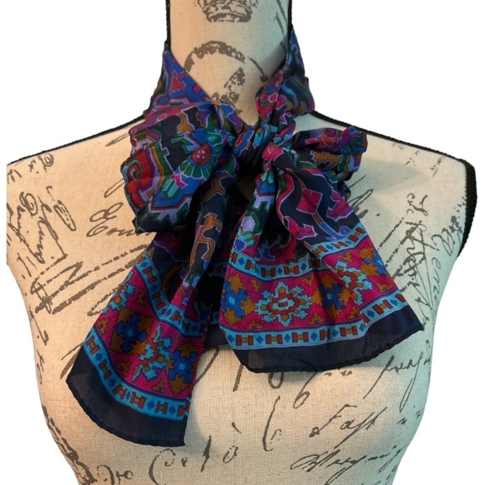Scarf, geometric print in rich colors, oblong, silky feel.  Vintage.
